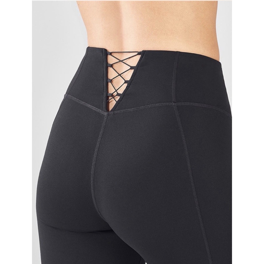 Fabletics PowerHold Black High-Waisted Lace Up Waist Leggings, Size S/M Sexy